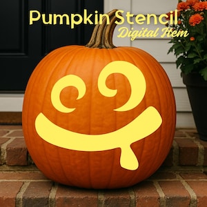 May include: A large orange pumpkin with a carved yellow face. The pumpkin has a stem and is sitting on a brick surface. Text above the pumpkin reads "Pumpkin Stencil Digital Item."