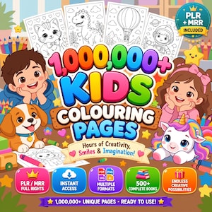 May include: A digital product bundle featuring 1,000,000+ Kids Colouring Pages with illustrations of a cat, dinosaur, hot air balloon, and astronaut. The graphic includes cartoon children, a puppy, a unicorn, and text labels.
