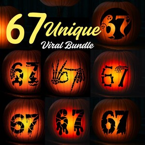 May include: A collection of illuminated carved pumpkins with the number 67. The pumpkins feature various Halloween-themed designs, including bats, skeletons, and dripping effects. Text above reads "67 Unique Viral Bundle".