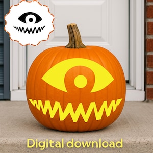 May include: A bright orange pumpkin featuring a yellow graphic of a single large eye and a jagged, toothy mouth. The design is displayed on the pumpkin surface, with a matching black and white icon in the top left corner and the text Digital download.
