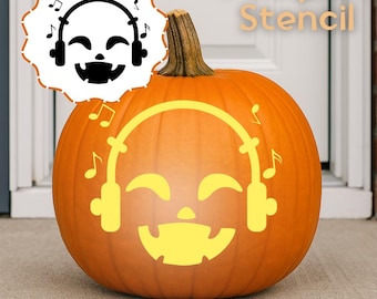 May include: An orange pumpkin with a carved face wearing headphones, surrounded by musical notes. The words "Pumpkin Stencil" and "Digital download" are displayed. The pumpkin is on a concrete surface.