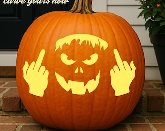 Halloween Funny Middle Finger Pumpkin Carving Stencil Digital Download, Angry Jack-o'-Lantern Face Halloween Template  pumpkin carving PDF