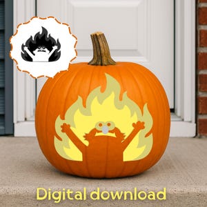 May include: A bright orange pumpkin featuring a yellow graphic of a character with wide eyes and raised arms surrounded by flames. A circular badge in the upper left corner displays the same character in black and white. Text reads Digital download.