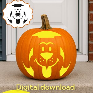 May include: A bright orange pumpkin featuring a carved yellow graphic of a smiling dog face with a tongue sticking out. The design includes a dog-shaped icon in the top left corner and the text Digital download at the bottom.