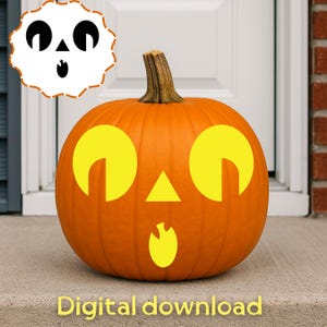 May include: A bright orange pumpkin featuring a yellow vinyl decal of a surprised face with two large circular eyes, a triangular nose, and an oval mouth. A separate white scalloped graphic shows the same face design. Text reads Digital download.