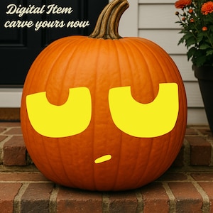 May include: A large orange pumpkin with a brown stem featuring a yellow graphic of two closed eyes and a small horizontal line for a mouth. The text Digital Item carve yours now is printed in white in the upper left corner of the image.