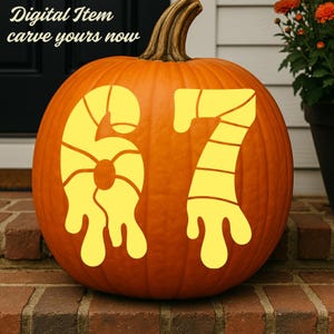 May include: An orange pumpkin with the number 67 carved in yellow. The pumpkin has a brown stem and is on a brick surface. The text "Digital Item carve yours now" is at the top.