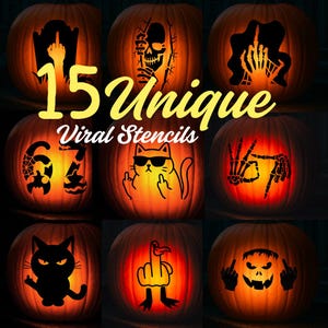May include: Nine illuminated pumpkins with stencil designs, including a skull, a cat wearing sunglasses, and a hand giving the middle finger. The pumpkins are lit from within. The text "15 Unique Viral Stencils" is displayed.