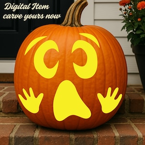May include: A bright orange pumpkin featuring a carved design of a surprised face with wide eyes, raised eyebrows, and two hands held up in a gesture of shock. The text Digital Item carve yours now is visible in the upper left corner.
