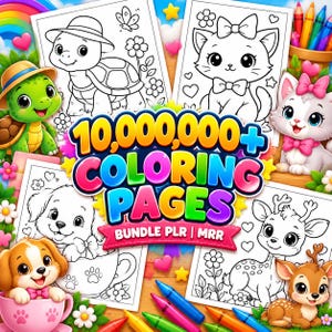 May include: A digital collection of 10,000,000+ coloring pages featuring black and white line art of a turtle, kitten, puppy, and deer, accompanied by colorful illustrations of the same animals and various crayons.