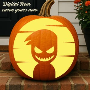 May include: A round orange pumpkin featuring a carved design of a stylized creature with sharp teeth and pointed eyes set against a bright yellow circular background. The text "Digital Item carve yours now" is visible in the upper left corner.