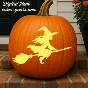 May include: A large orange pumpkin with a brown stem featuring a yellow silhouette of a witch flying on a broomstick. The text Digital Item carve yours now is printed in the upper left corner of the image in a white script font.