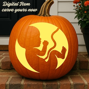 May include: A bright orange pumpkin featuring a carved silhouette of a fetus inside a crescent moon shape. The text Digital Item carve yours now is visible in the upper left corner. The pumpkin has a brown stem and a smooth, round surface.