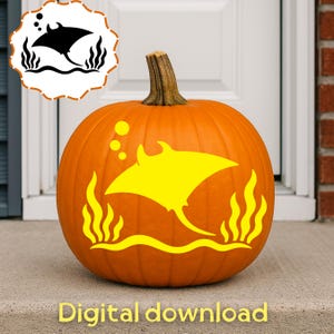May include: A bright orange pumpkin featuring a yellow decal of a stingray swimming above wavy seaweed with three bubbles rising upward. The design is centered on the pumpkin, which has a brown stem and a smooth, rounded surface.