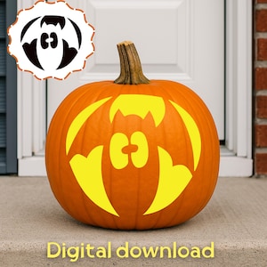 May include: A bright orange pumpkin featuring a carved yellow bat silhouette on its front. The design includes a stylised bat with wings spread and large eyes. A circular badge in the top left corner displays the same bat icon. Text reads Digital download.