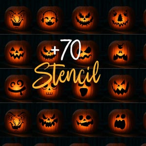 May include: A selection of carved pumpkins with illuminated faces, showcasing diverse spooky designs. The image features the text "+70 Stencil", indicating a range of Halloween-themed templates.