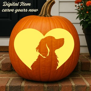 Könnte beinhalten: Ein leuchtend orangefarbener Kürbis mit einer geschnitzten gelben Herzform, die die Silhouette eines Hundes enthält. Der Text Digital Item carve yours now ist in der oberen linken Ecke sichtbar. Der Kürbis hat einen braunen Stiel und Rippen.