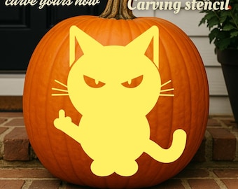 Funny Cat Middle Finger Pumpkin Carving Stencil | Halloween DIY (Digital Download)