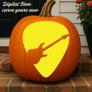 Peut inclure: Une citrouille orange vif avec une grande découpe jaune en forme de guitare sur le devant. Le texte 'Digital Item carve yours now' est visible dans le coin supérieur gauche. La citrouille a une tige brune et une surface lisse et ronde.