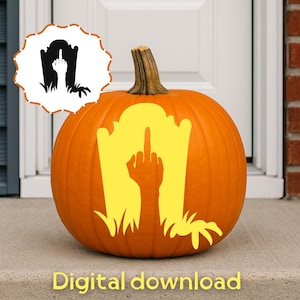 May include: An orange pumpkin with a yellow tombstone design featuring a hand giving the middle finger. The pumpkin has a brown stem and is sitting on a concrete surface. The words "Digital download" are at the bottom.