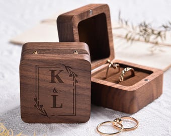 Custom Wooden Ring Box,Personalized Wedding Engagement Ring Holder,Double Slot Bridal Proposal Ring Box,Engraved Wooden Ring Bearer Box