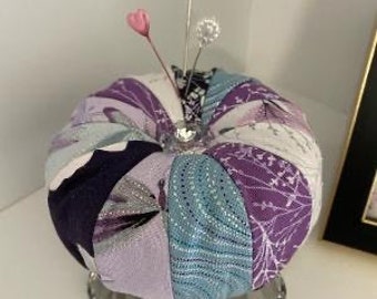 PURPLE PINCUSHION one of a kind custom handmade pincushion with crystal feet