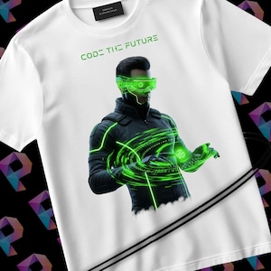 May include: White t-shirt with a futuristic design. The shirt features a graphic of a person wearing a neon green visor and suit, with the text "CODE THE FUTURE" in green. The design has a tech theme.