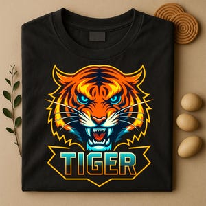 Fierce Neon Tiger Head PNG | Digital Roaring Tiger Face Sublimation Design for T-Shirts | Wild Animal Gaming Mascot Art Download