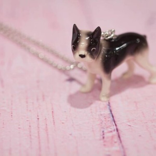 Boston Terrier Dog Necklace - Hand Painted Dog Jewelry - Silver Chain - Boston Terrier Pendant - Whimsical Animal Necklace - Charm