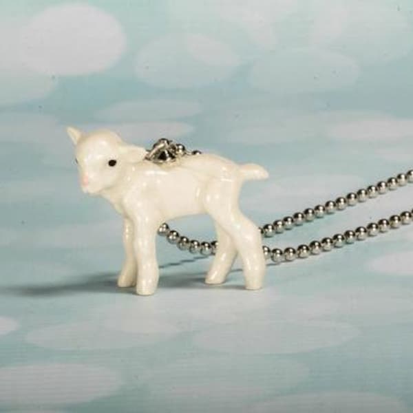 Lamb Necklace - Hand Painted Lamb Jewelry - Silver Chain - Sheep Farmyard  Pendant - Whimsical Animal Necklace - Baby Lamb Charm Necklace