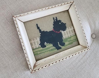 Broderie vintage pour chien Scottie... Encadré... Charmant !