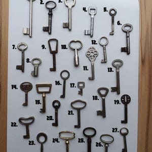 Könnte beinhalten: Eine Sammlung von 27 antiken Schlüsseln, nummeriert von 1 bis 27, angeordnet in Reihen auf weißem Hintergrund. Die Schlüssel sind aus Metall und haben verschiedene Formen und Größen.
