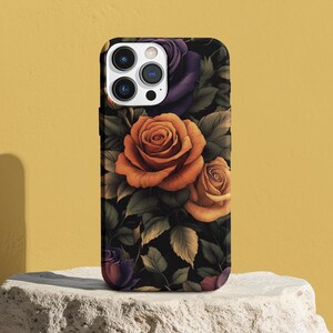 エッジの効いた花柄の携帯電話ケース - ダークデザートローズ柄、iPhone 16 -12 Samsung S25-22 Google Pixel カバー、ユニークでトレンディな保護カバー