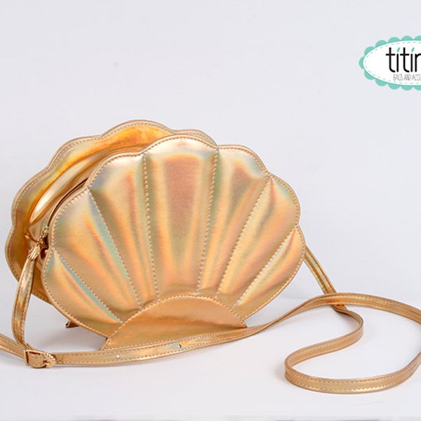 holographic gold  faux leather mermaid sea shell bag purse