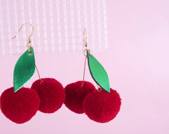 cherry pom pom earrings