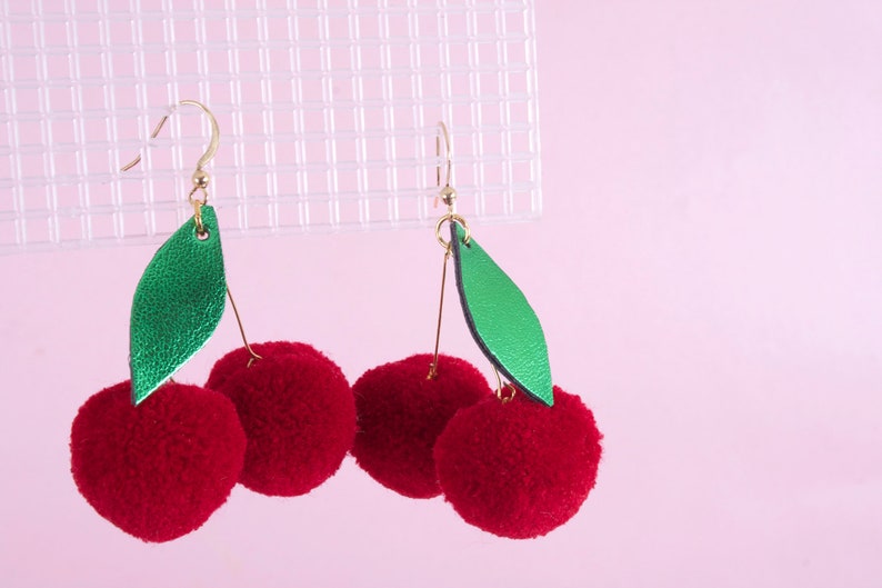 cherry pom pom earrings image 1