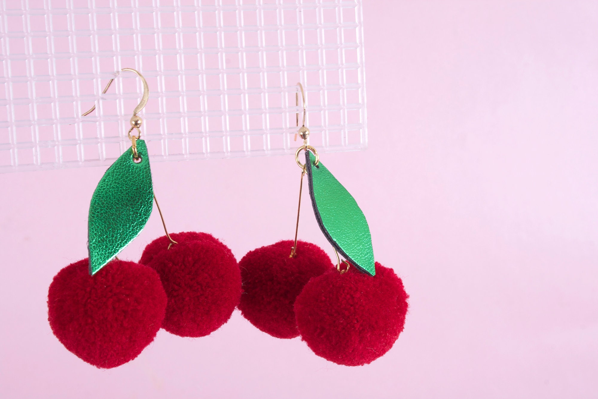 Cherry Pom Pom Earrings Etsy