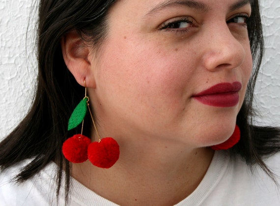 Cherry Pom Pom Earrings Etsy UK