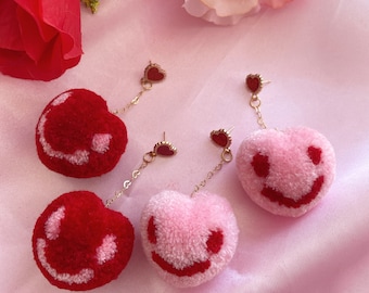 Happy  or sad face heart pom pom earrings red or pink heart pompom earrings