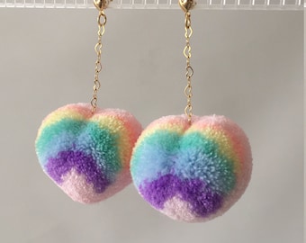 pastel rainbow heart pom earrings