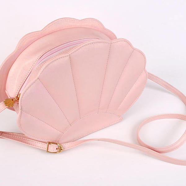 iridescent pastel pink faux leather mermaid sea shell bag