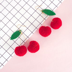 cherry pom pom earrings image 2
