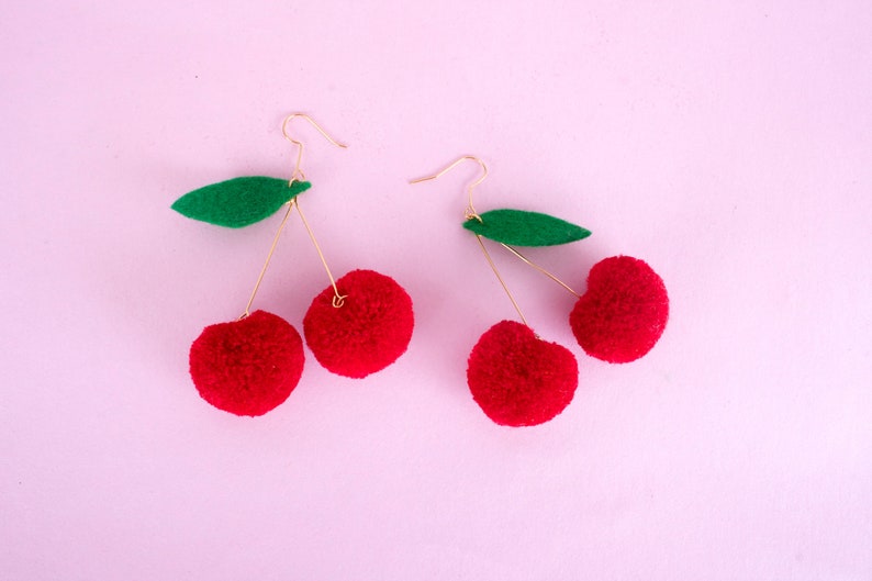 cherry pom pom earrings image 3