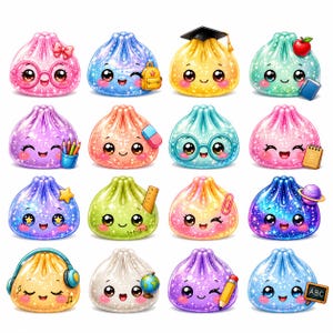 Glitter Back to School Dumpling Clipart PNG Bundle, Cute Kawaii School Dumpling Clip Art, Sparkly Student Characters, Digital Download