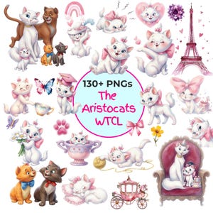 Puede incluir: Una colección de ilustraciones digitales que presentan gatitos blancos, incluida Marie, con lazos rosas, junto a otros gatos, una Torre Eiffel rosa, un carruaje y elementos florales. El texto central dice 130+ PNGs The Aristocats WTCL, rodeado de varias poses de gatitos jugando, durmiendo y sentados.