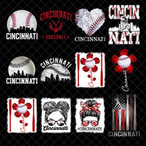 Puede incluir: Una colección de doce diseños gráficos con temas de béisbol, que incluyen pelotas, bates, siluetas de ciudades, corazones y el texto Cincinnati. Los diseños incorporan esquemas de color rojo y blanco sobre un fondo negro.