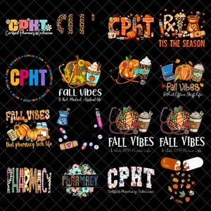 Puede incluir: Una colección digital de dieciséis diseños gráficos con temas de farmacia, profesiones médicas y otoño. Los elementos incluyen calabazas, estetoscopios, tazas de café, pastillas y textos como CPHT, Fall Vibes y Pharmacy sobre un fondo negro.