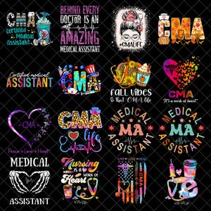 Puede incluir: Una colección de dieciséis diseños gráficos con temas de asistente médico, incluyendo texto como CMA, Medical Assistant y Fall Vibes, con ilustraciones de estetoscopios, corazones, calabazas, tazas de café y manos esqueléticas sobre un fondo negro.