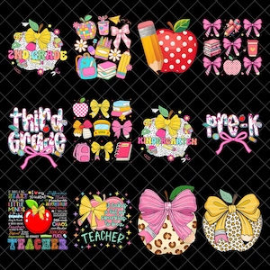 Puede incluir: Una colección digital de gráficos con temática escolar que incluye manzanas, lazos, lápices, mochilas y libros. Los diseños incluyen textos como 2nd Grade, Third Grade, Kindergarten, Pre-K y Teacher, con patrones coloridos, estampados de leopardo y puntos.