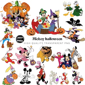 Pode incluir: Uma coleção digital de ilustrações de personagens da Disney com Mickey Mouse, Minnie Mouse, Donald Duck e Goofy em vários trajes de Halloween, incluindo abóboras, bruxas e fantasmas, com o texto Mickey halloween HIGH QUALITY TRANSPARENT PNG.